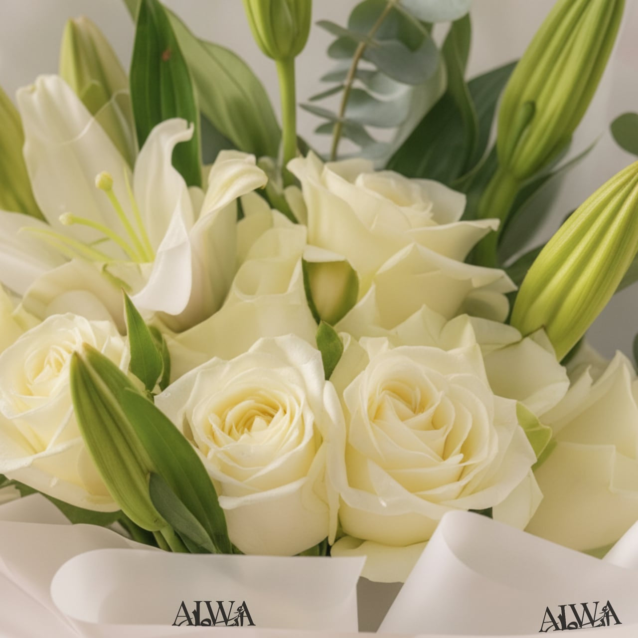 Close-up of white roses and lily buds by AIWA Flowers Dubai