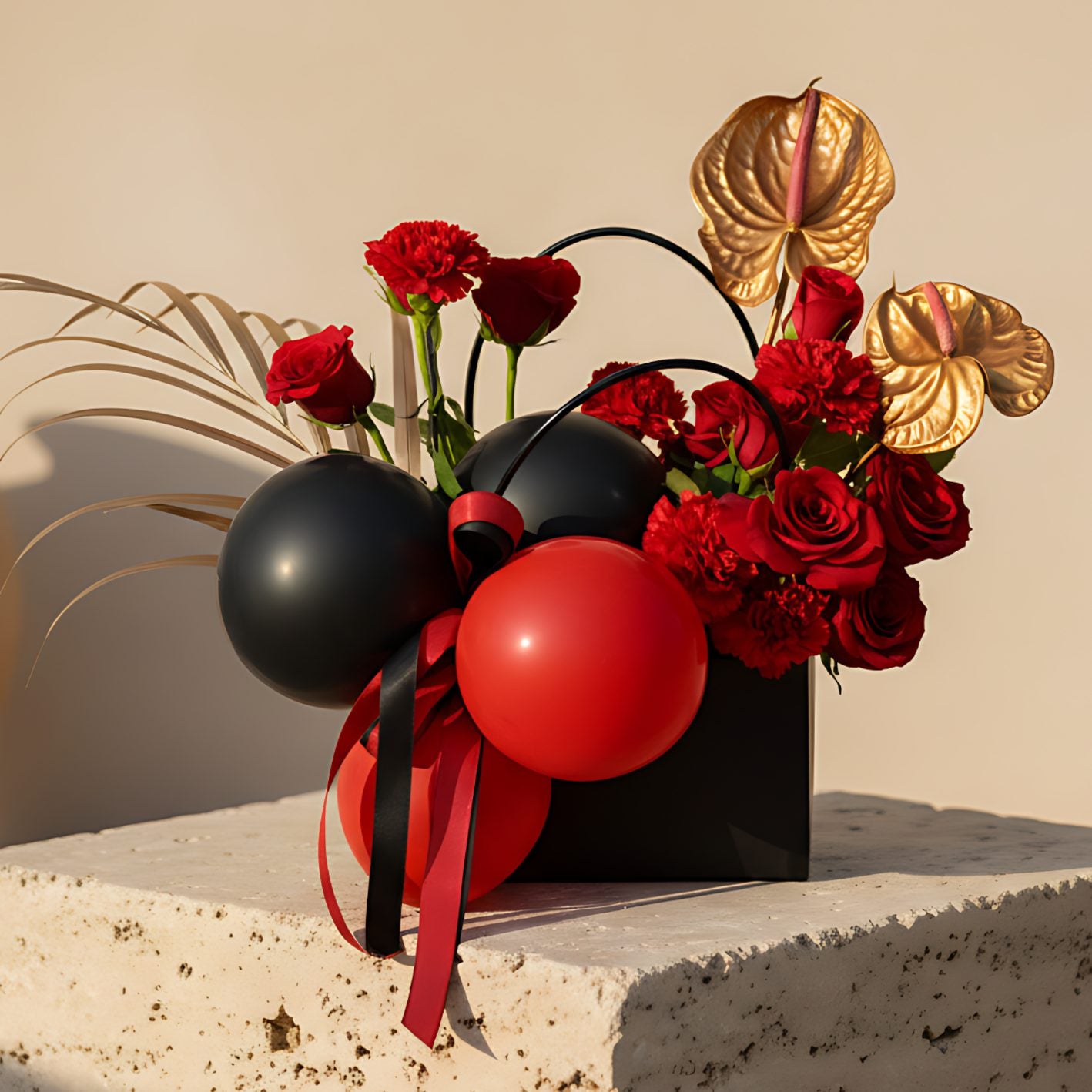 Lipstick flower arrangement with red roses, black and red balloons, gold anthuriums in a bag box