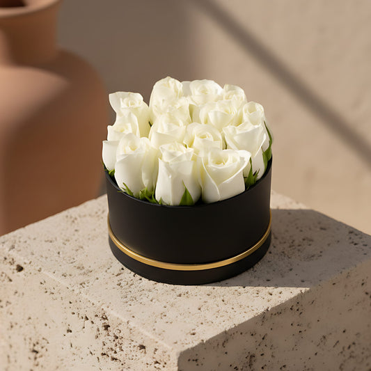 Little White mini black flower box with 10 to 15 fresh white roses