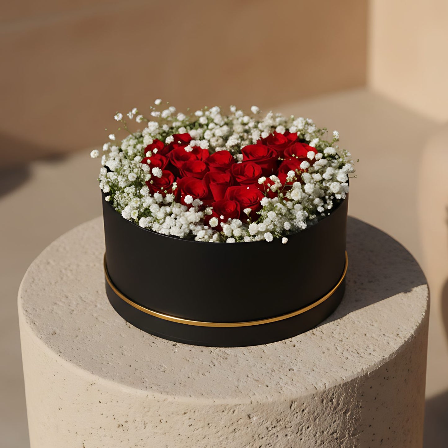 Lovely Cloud black flower box with red roses and gypsophila arranged in a heart shape