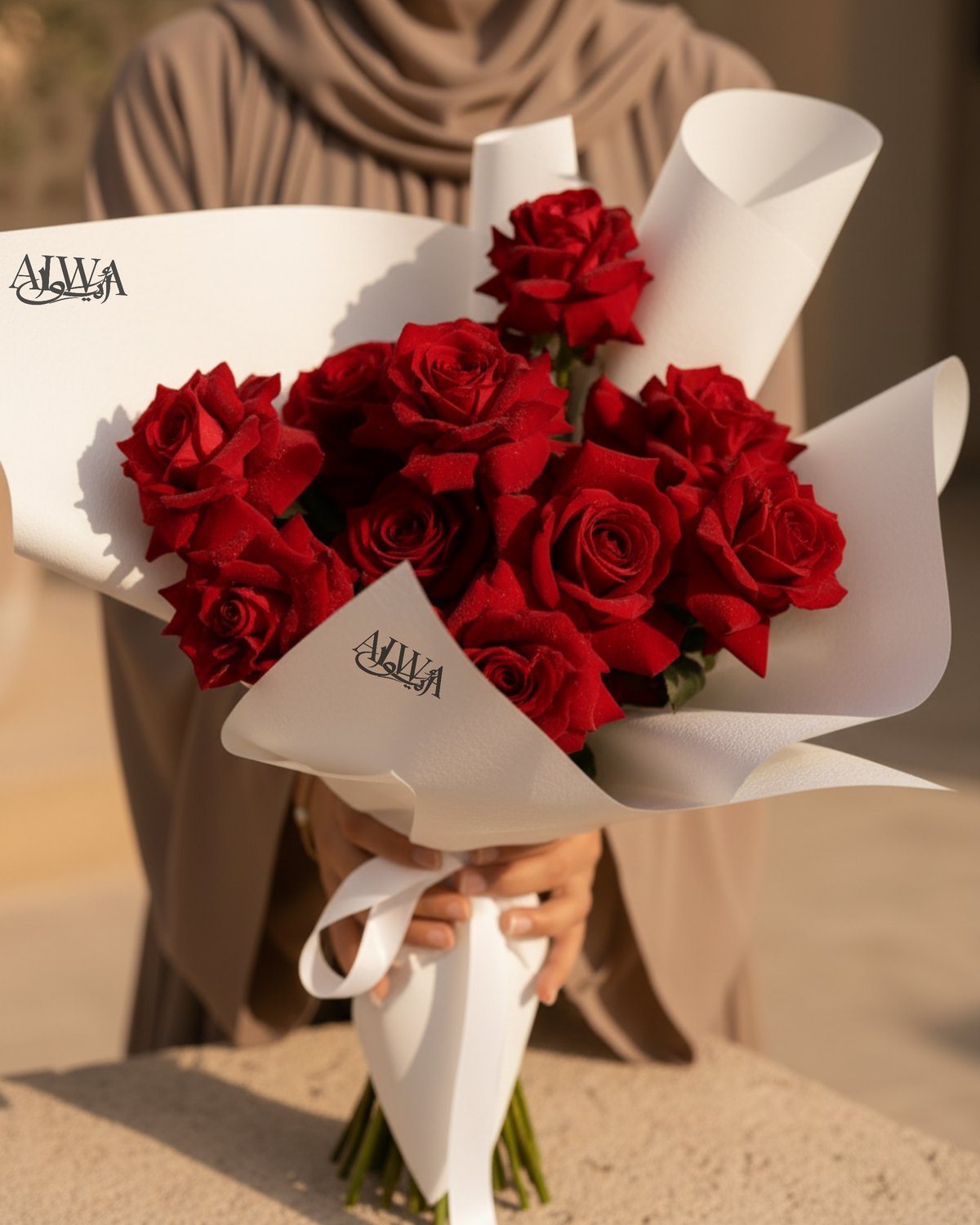 Close-up of the Lover's Gift red rose bouquet in AIWA-branded white wrapping paper.