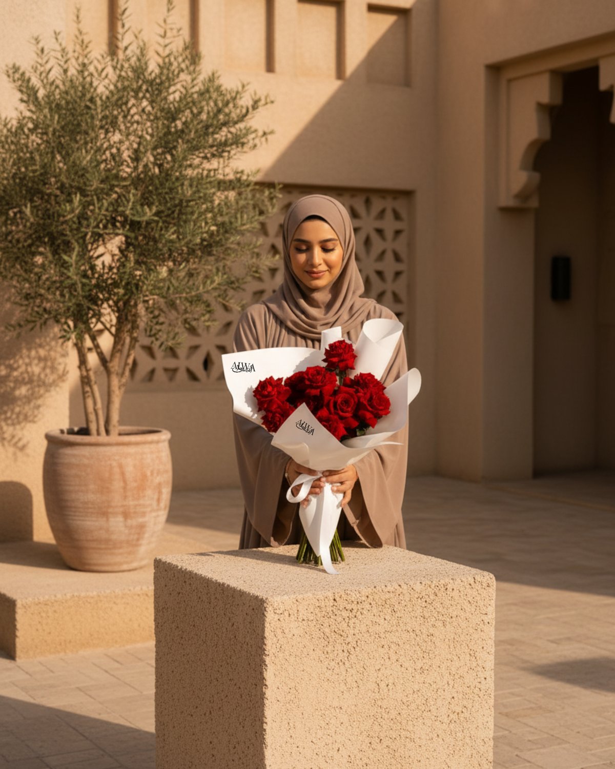 A woman in a beige hijab stands outdoors holding a bouquet of red roses wrapped in white paper. The setting features warm beige stucco walls, a large potted tree, and a textured stone pedestal in the foreground.