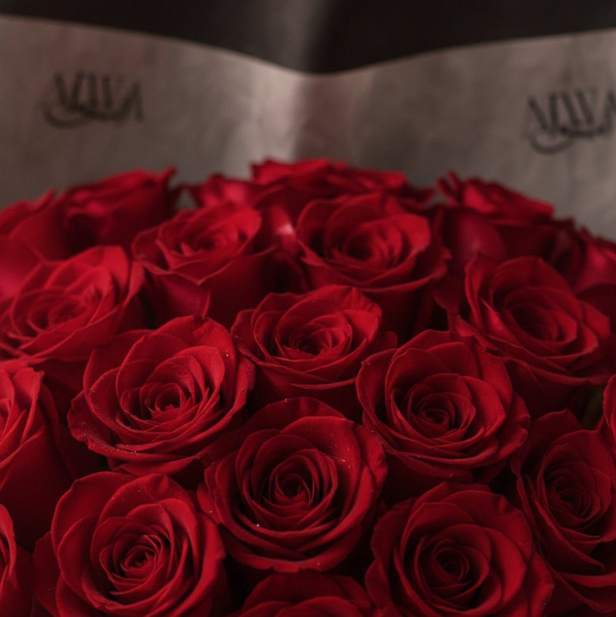Close-up of deep red roses in the Madame bouquet, wrapped in black and white paper with the AIWA logo, by Aiwa Flowers.