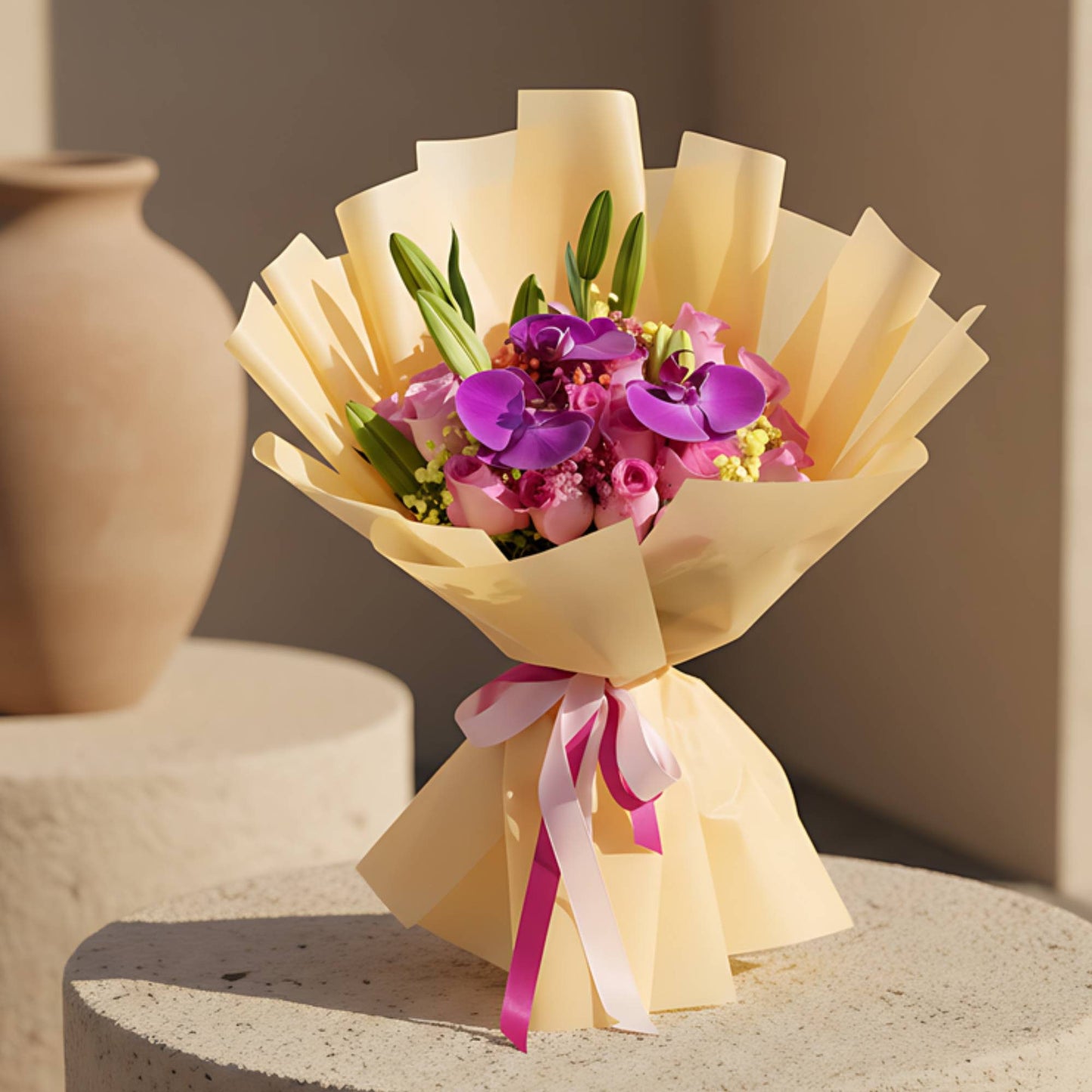 Magenta hand-tied bouquet with pink roses, purple orchids, lilies and gypsophila in gold wrapping