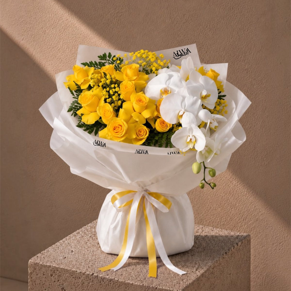 Mellow Yellow bouquet of yellow roses and white orchid in white wrap - AIWA Flowers