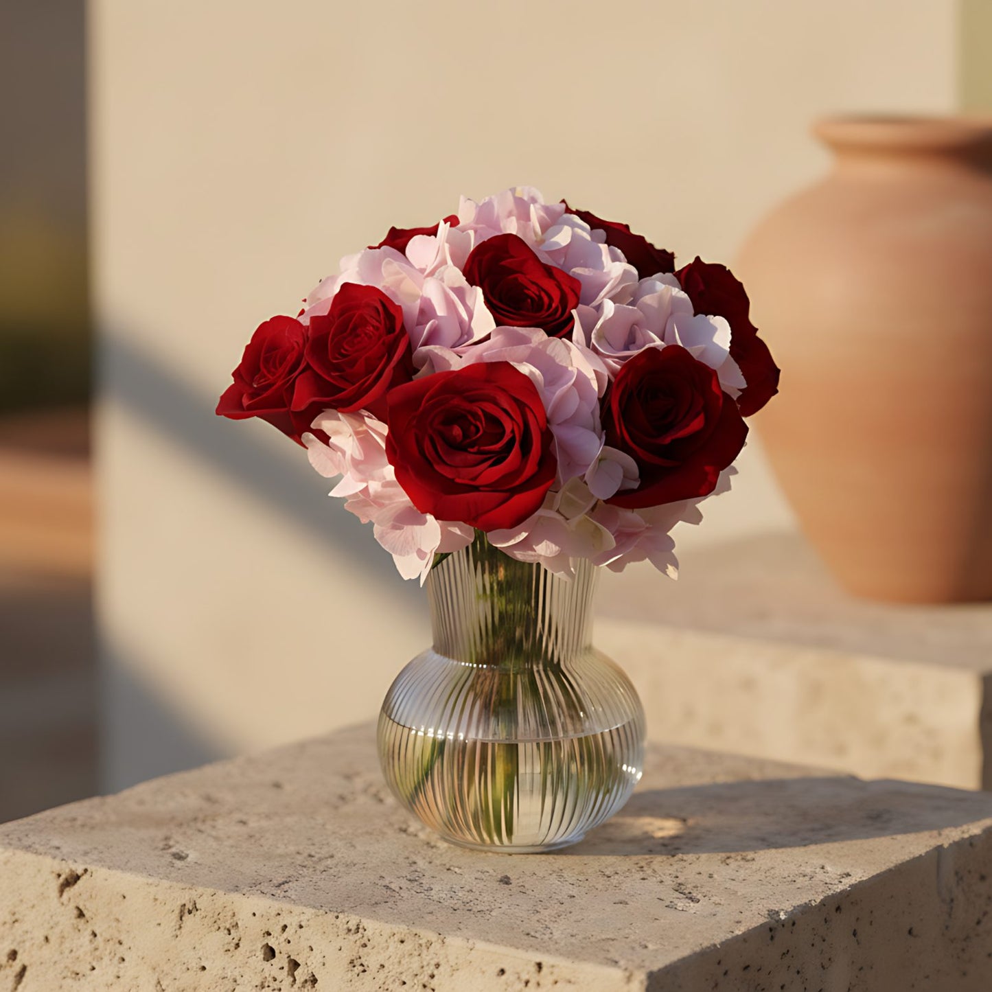 Mia arrangement with red roses and pink hydrangea in a clear glass vase