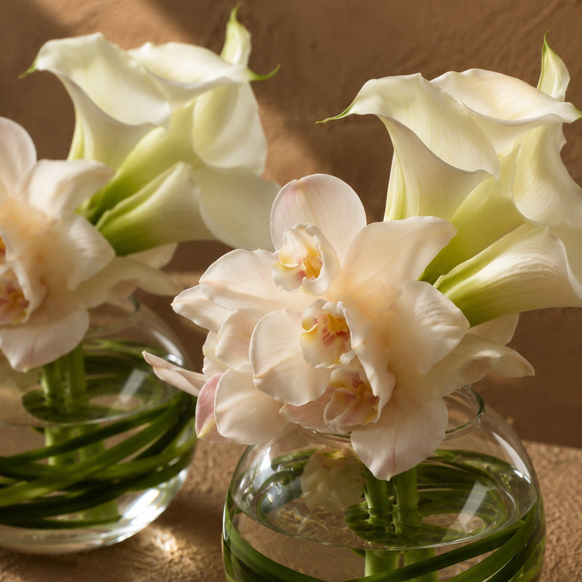 Blush cymbidium orchids with white calla lilies in a round clear glass bowl by AIWA Flowers