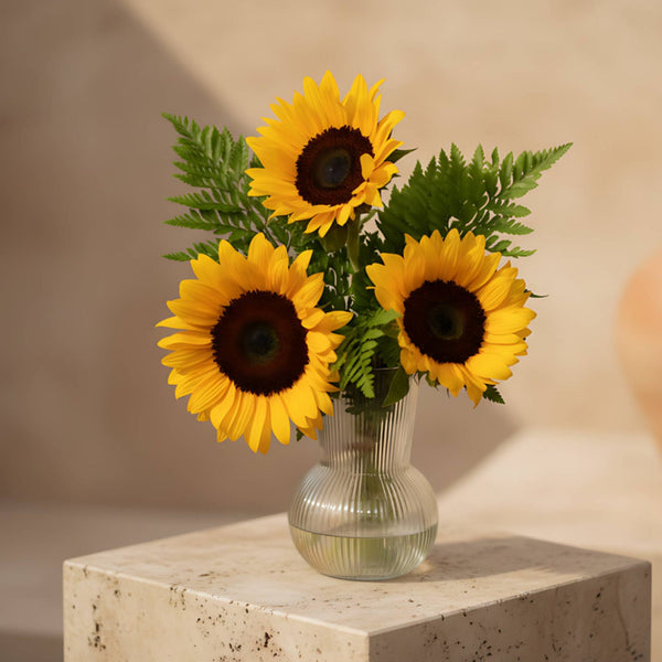 Molly arrangement with sunflowers and fern leaves in a clear glass vase