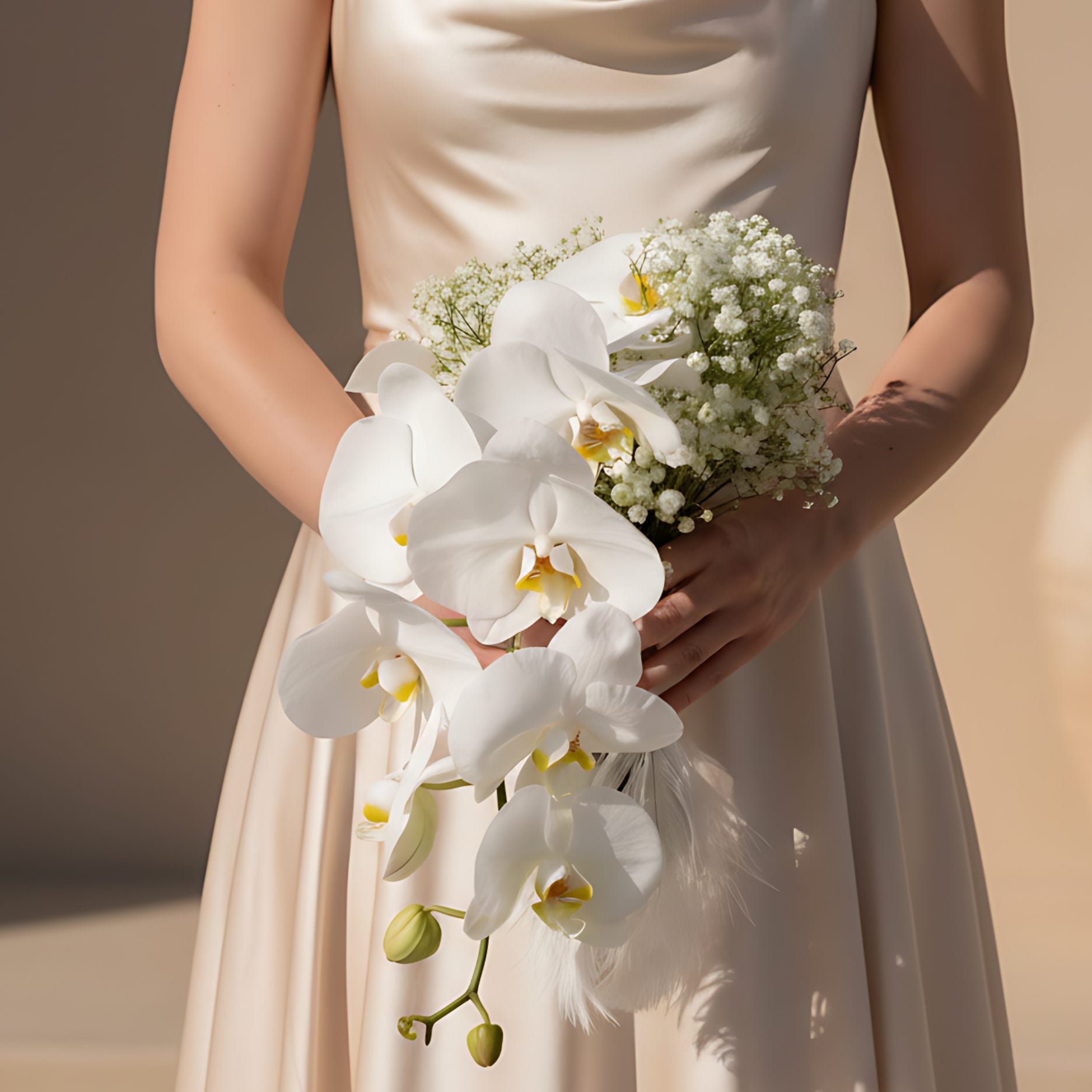 Moonlit bridal bouquet with white orchid and gypsophila by Aiwa Flowers