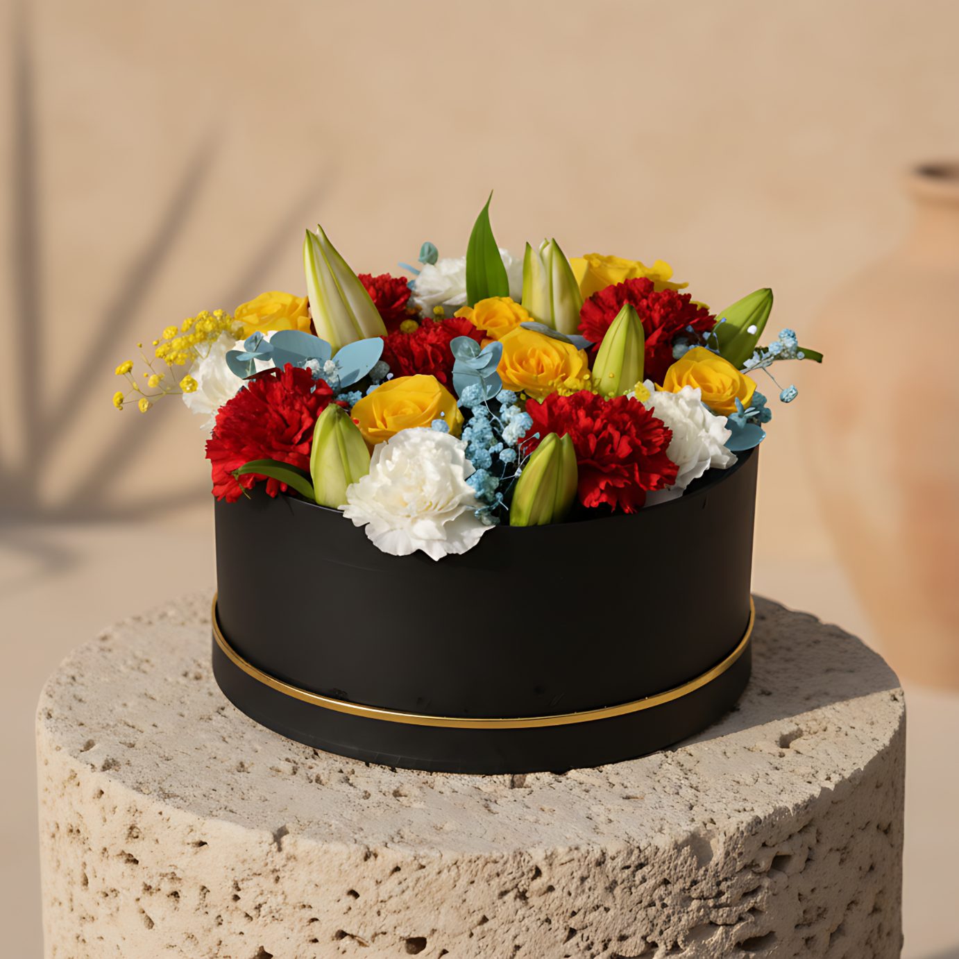 More flower box with yellow roses, red and white carnations, lilies and gypsophila in a black box