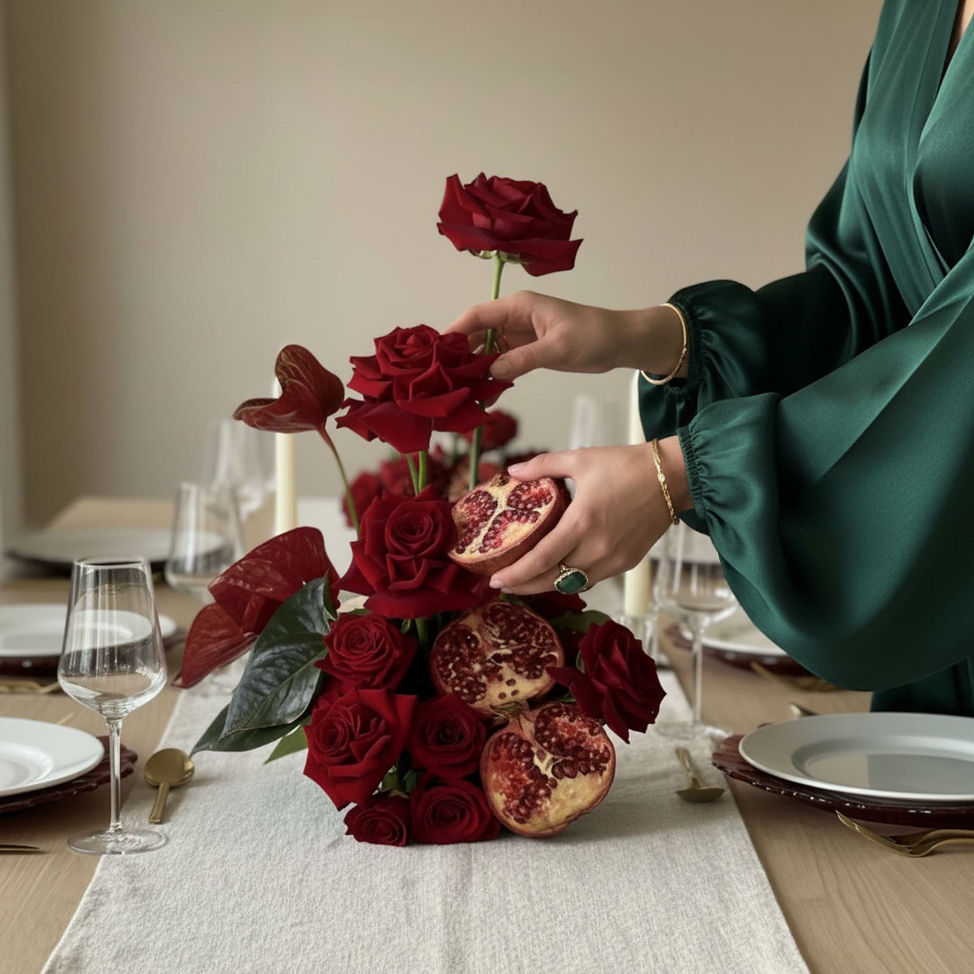 Aiwa Crimson Pomegranate Rose Centerpiece — red roses, anthurium & pomegranate dining centerpiece | Eid Al Adha 2026 Dubai