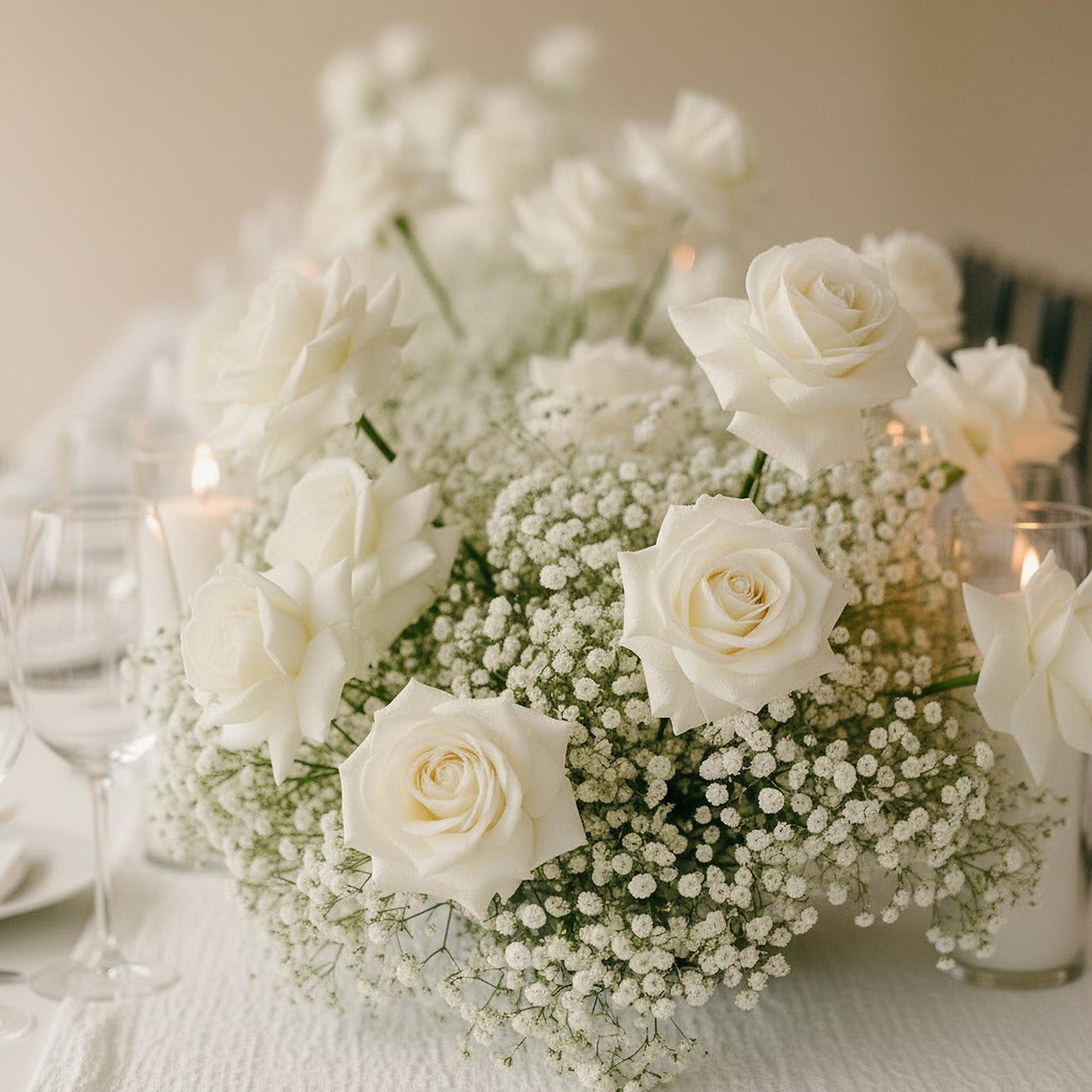 Aiwa Cloud Table Centerpiece — soft baby's breath cloud detail | premium Eid Al Adha 2026 flowers Dubai