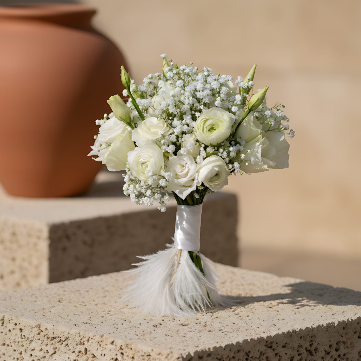 Nature’s bridal bouquet with white ranunculus, lisianthus, gypsophila and feather accents by Aiwa Flowers