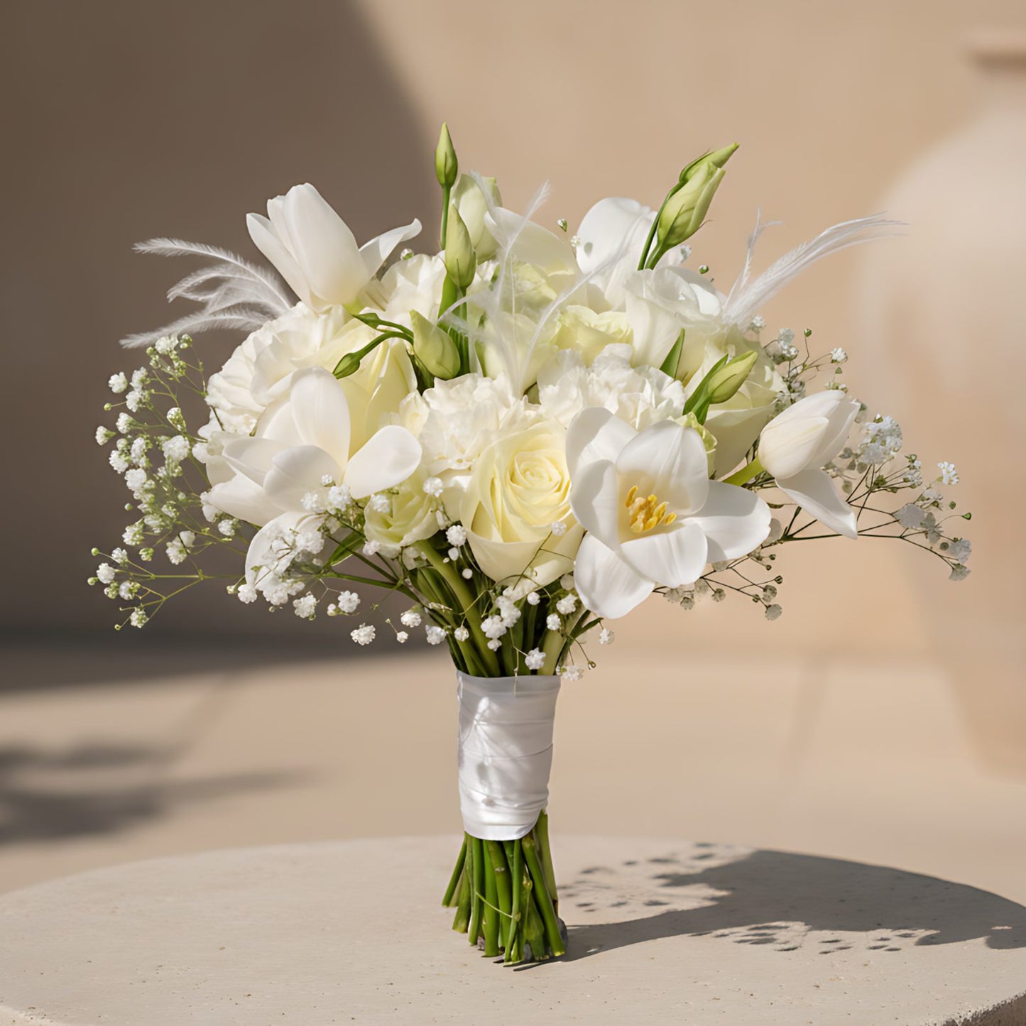 Oasis bridal bouquet with white roses, tulips, carnations, lisianthus, gypsophila and feather accents by Aiwa Flowers
