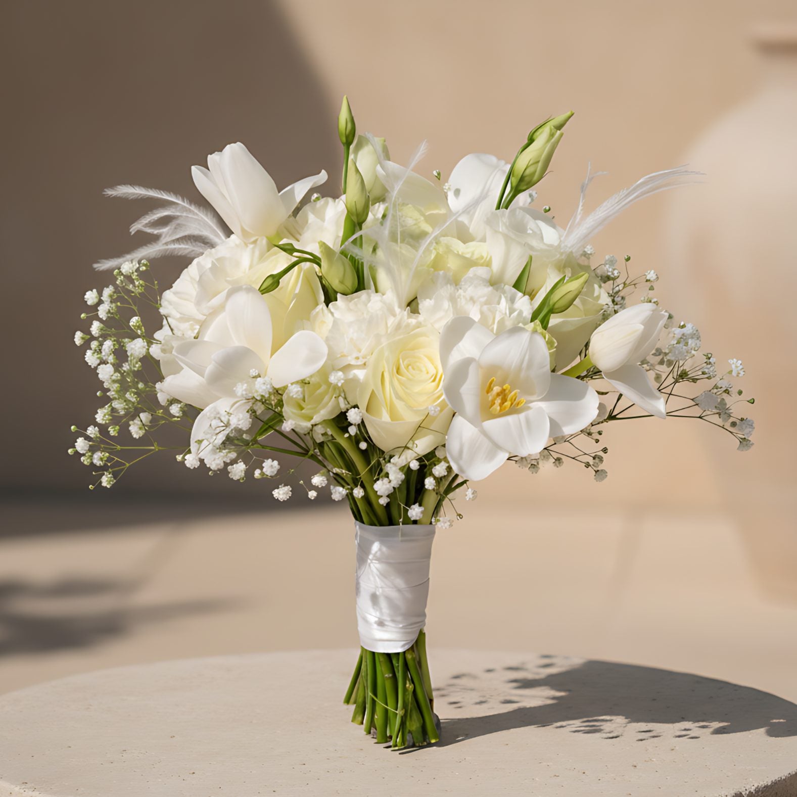 Oasis bridal bouquet with white roses, tulips, carnations, lisianthus, gypsophila and feather accents by Aiwa Flowers