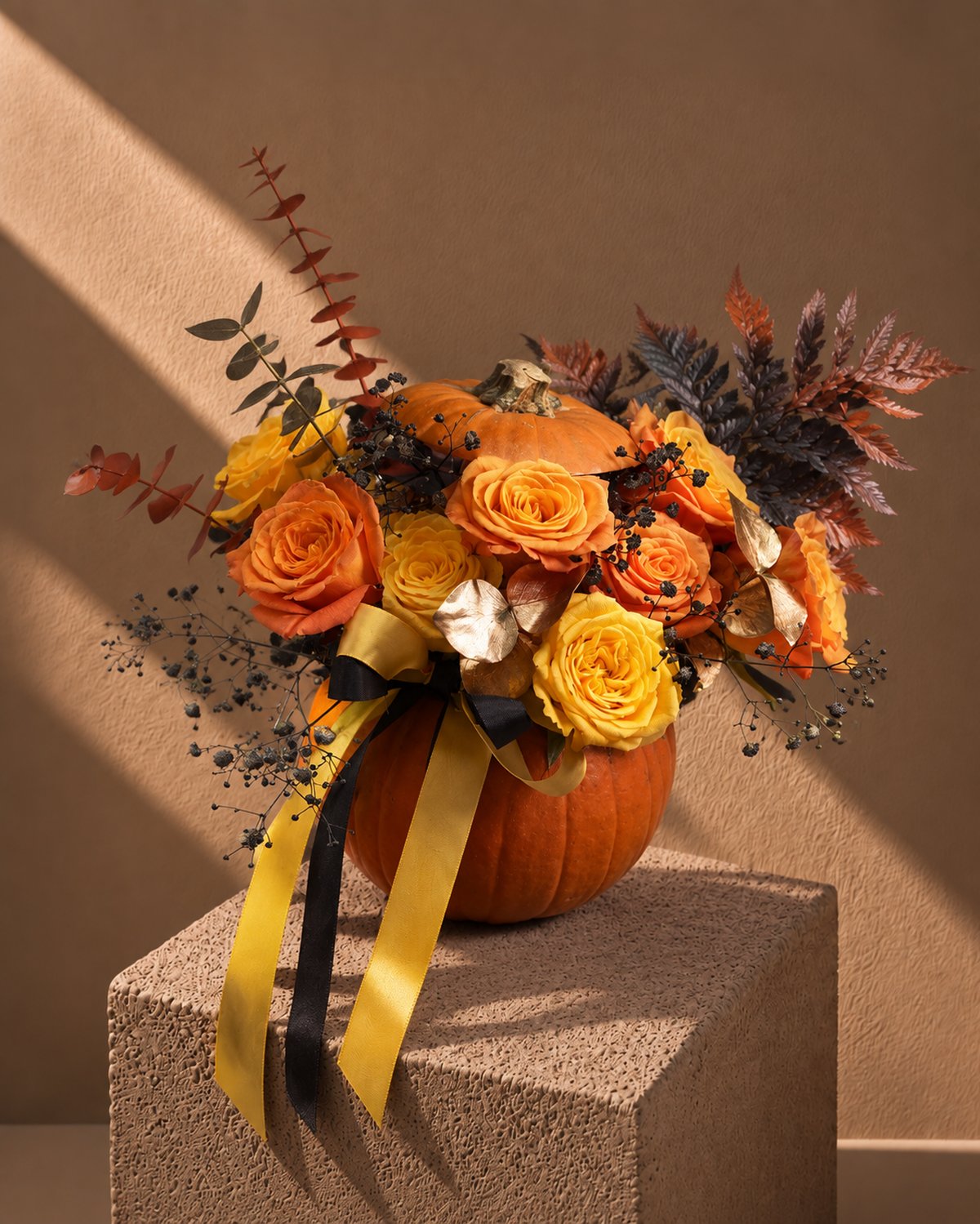 Omen Halloween arrangement of orange and yellow roses in a fresh pumpkin with gold and black ribbons