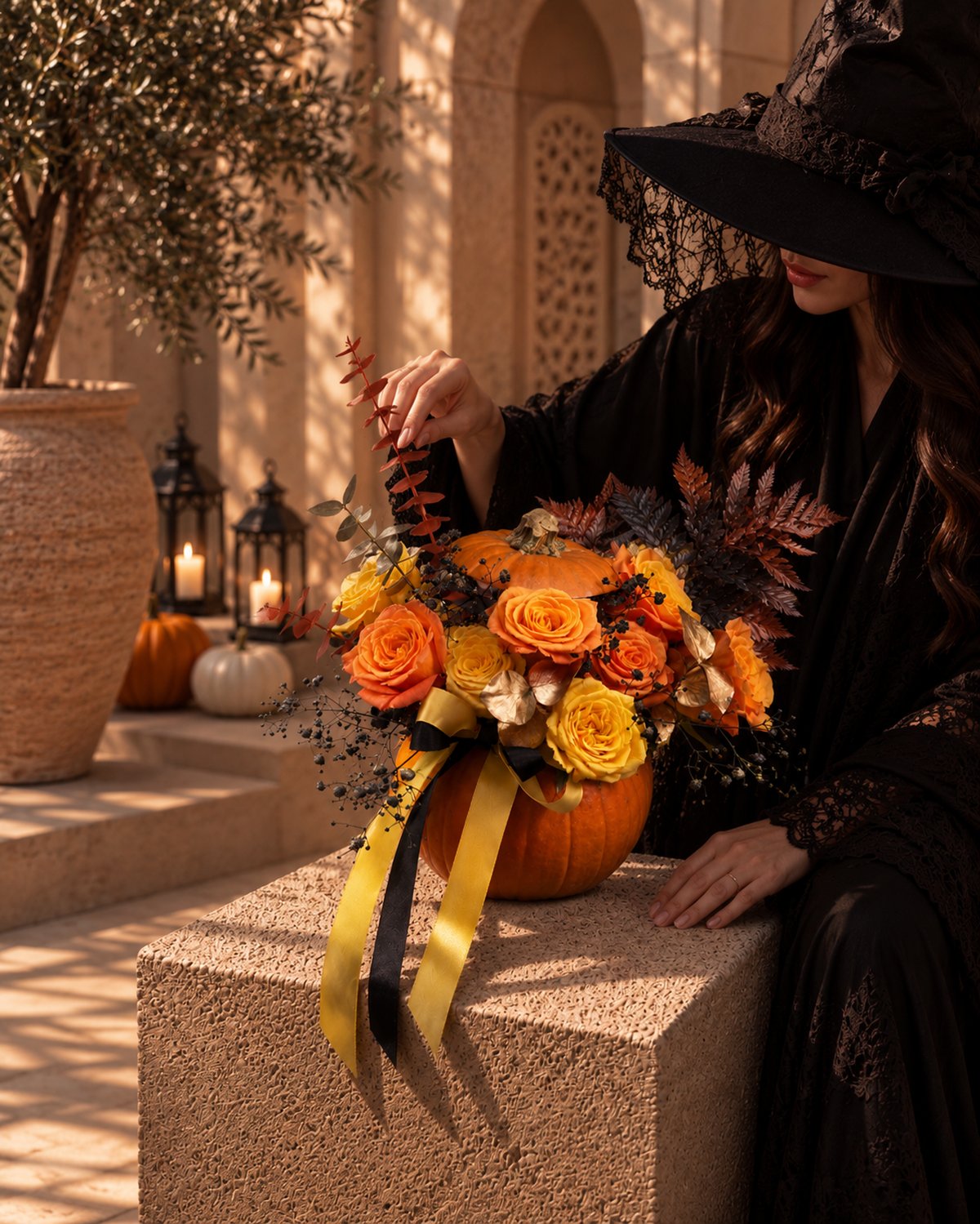 Omen autumn pumpkin arrangement styled beside a woman in a witch hat in a courtyard