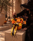 Omen autumn pumpkin arrangement styled beside a woman in a witch hat in a courtyard