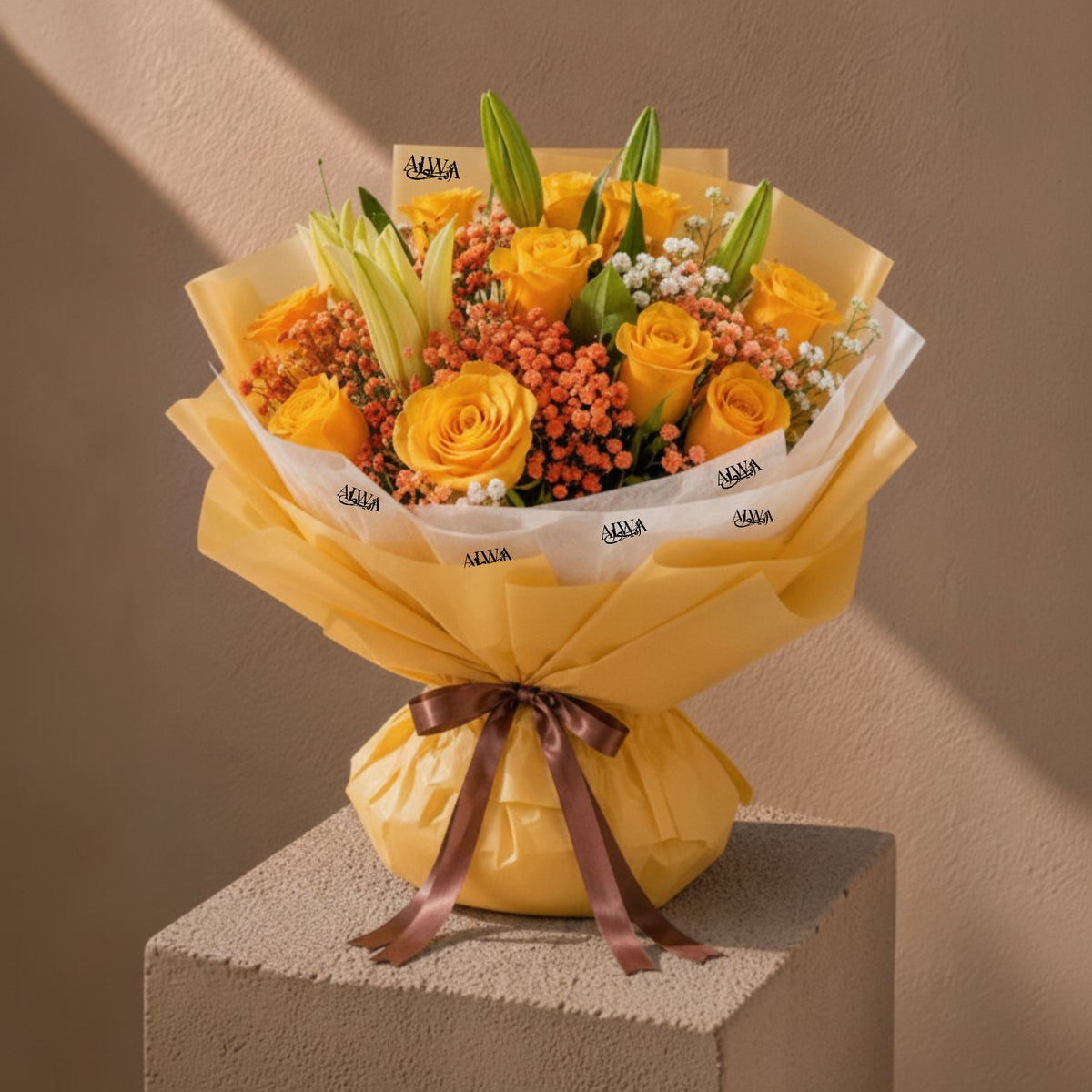 Papaya yellow rose and lily bouquet with orange gypsophila in yellow wrap by AIWA Flowers
