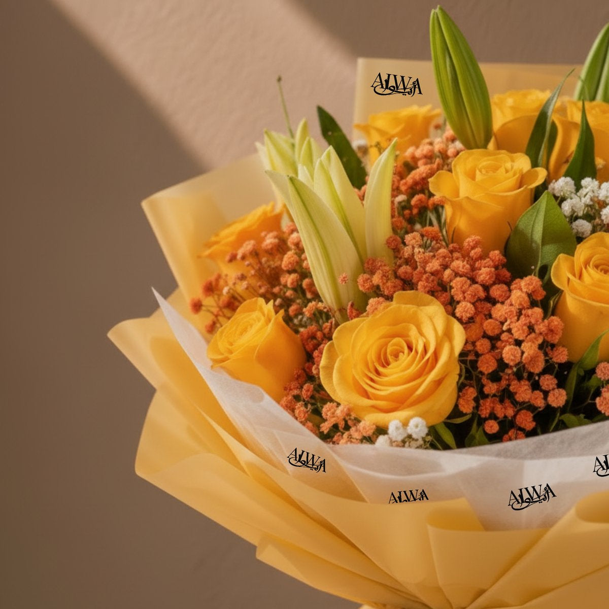 Close-up of yellow roses, white lily and orange gypsophila by AIWA Flowers