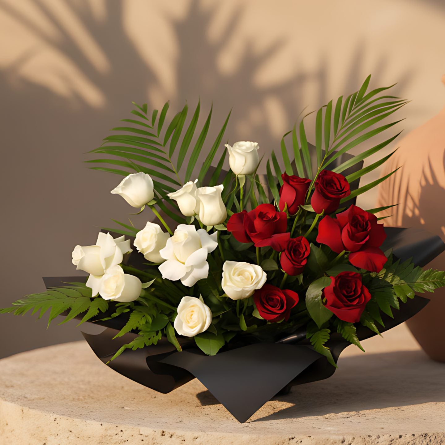 Peace hand-crafted bouquet with red and white roses, fern and palm leaves in black wrapping