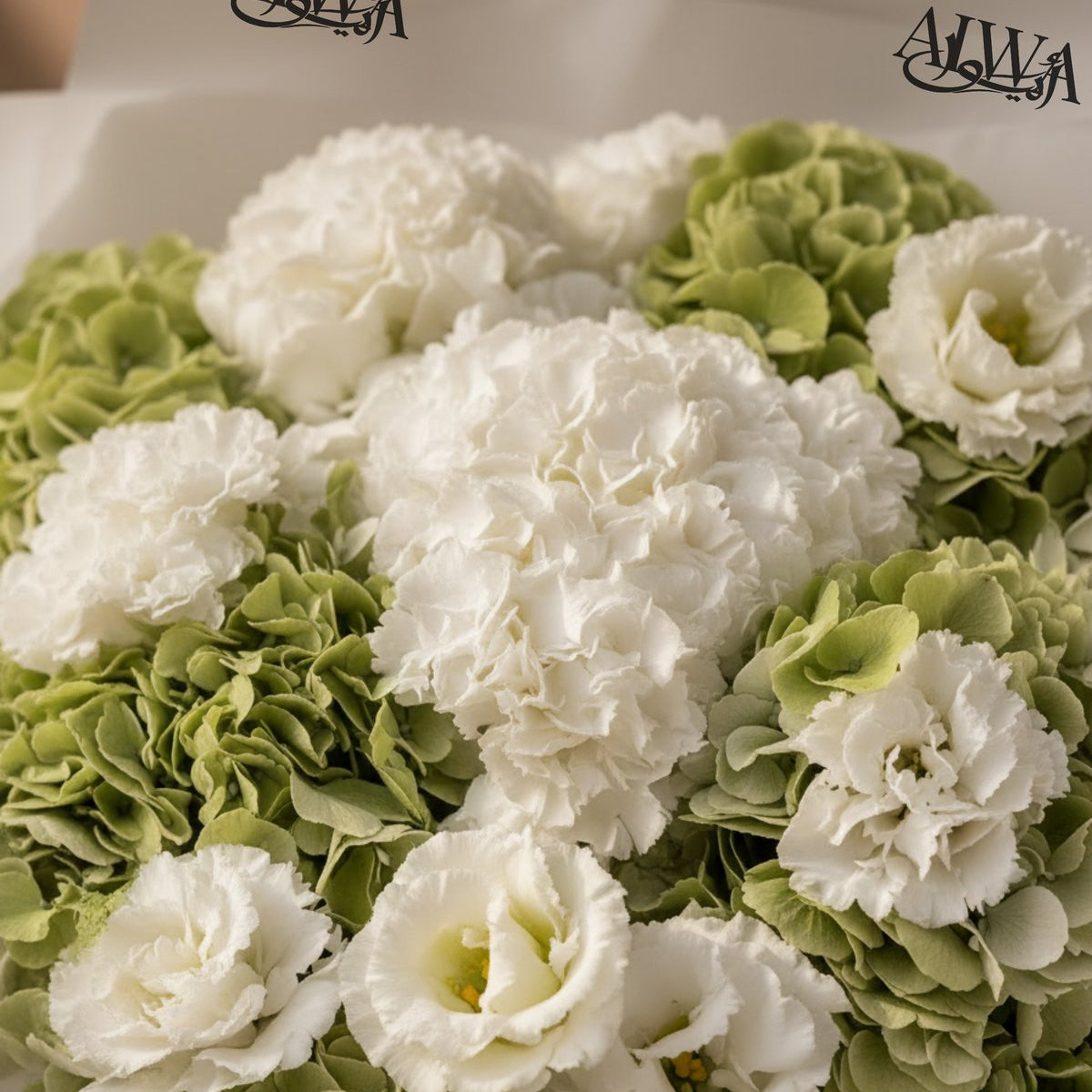 Close-up of white carnations, green hydrangea and white lisianthus by AIWA Flowers