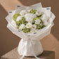 Pearl white and green bouquet with hydrangea and carnations in white wrap by AIWA Flowers