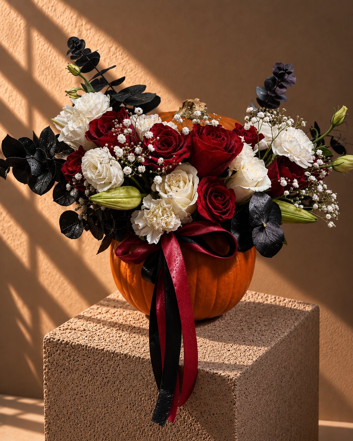 Phantom Halloween arrangement of red and white roses with black foliage in a fresh pumpkin