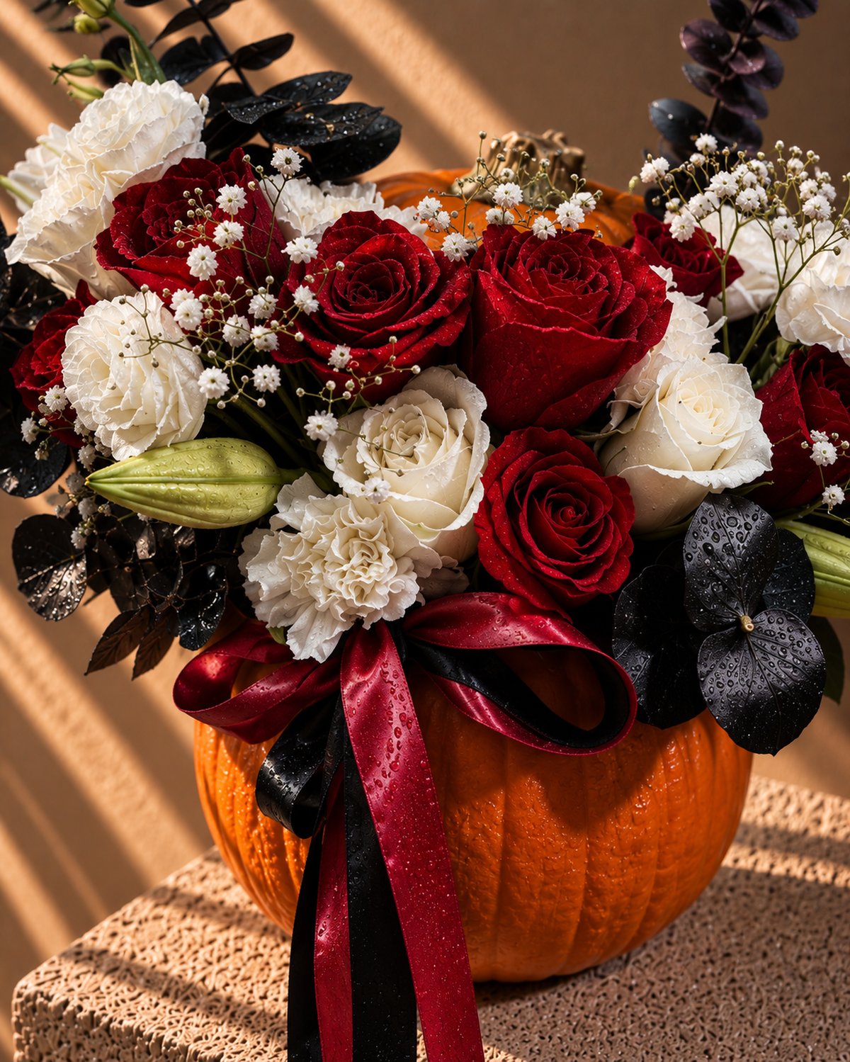Close-up of red roses, white carnations and black foliage in the Phantom arrangement