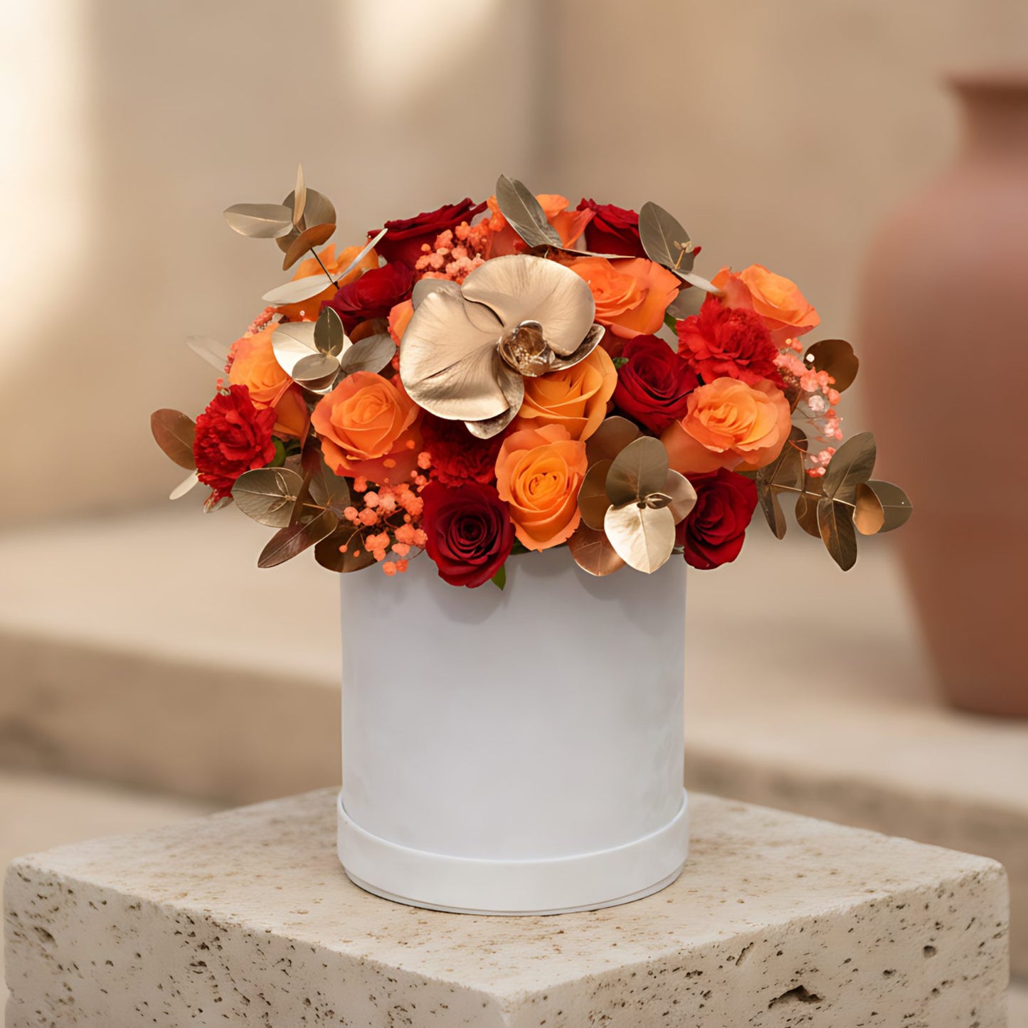 Picasso white velvet flower box with orange and red roses, red carnations, gold orchid and gypsophila