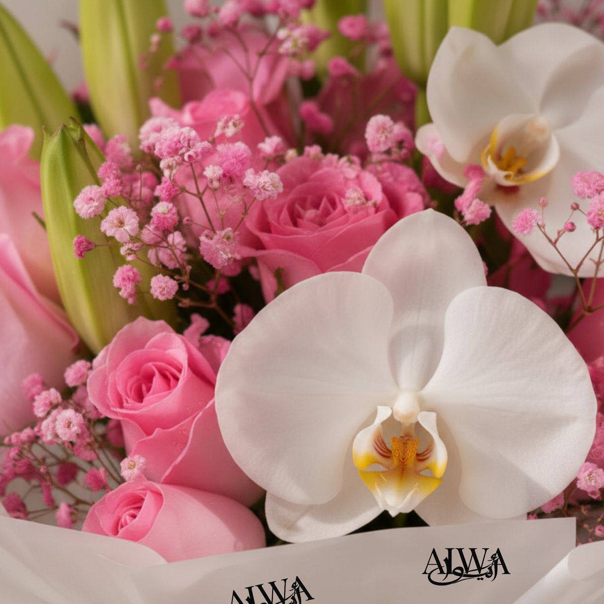 Close-up of pink roses, white phalaenopsis orchid and pink gypsophila by AIWA Flowers
