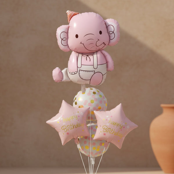 Pink elephant foil balloon with pastel confetti balloons and happy birthday star balloons