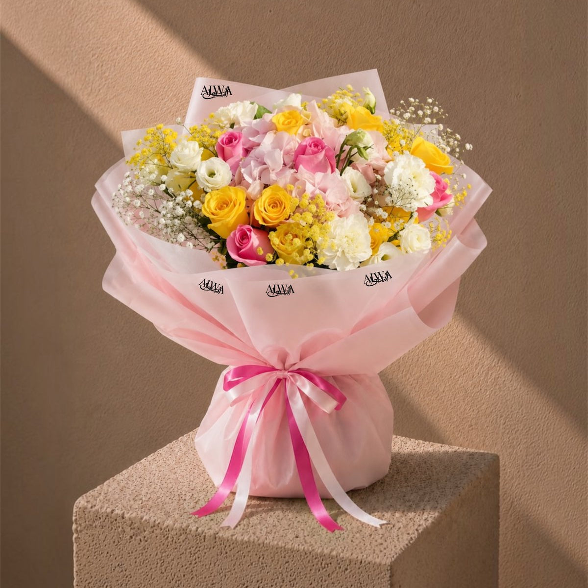 Pastel bouquet of pink and yellow roses with hydrangea in pink wrap - Pink Garden by AIWA Flowers