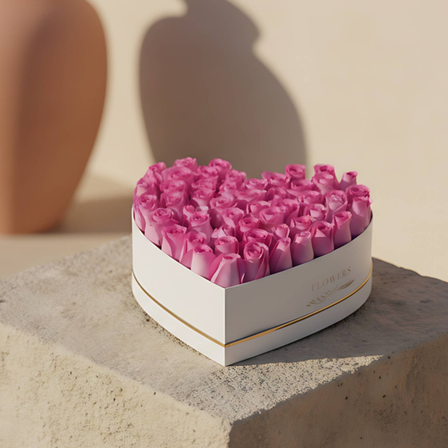 Pink Heart white heart box with 45 to 55 fresh pink roses