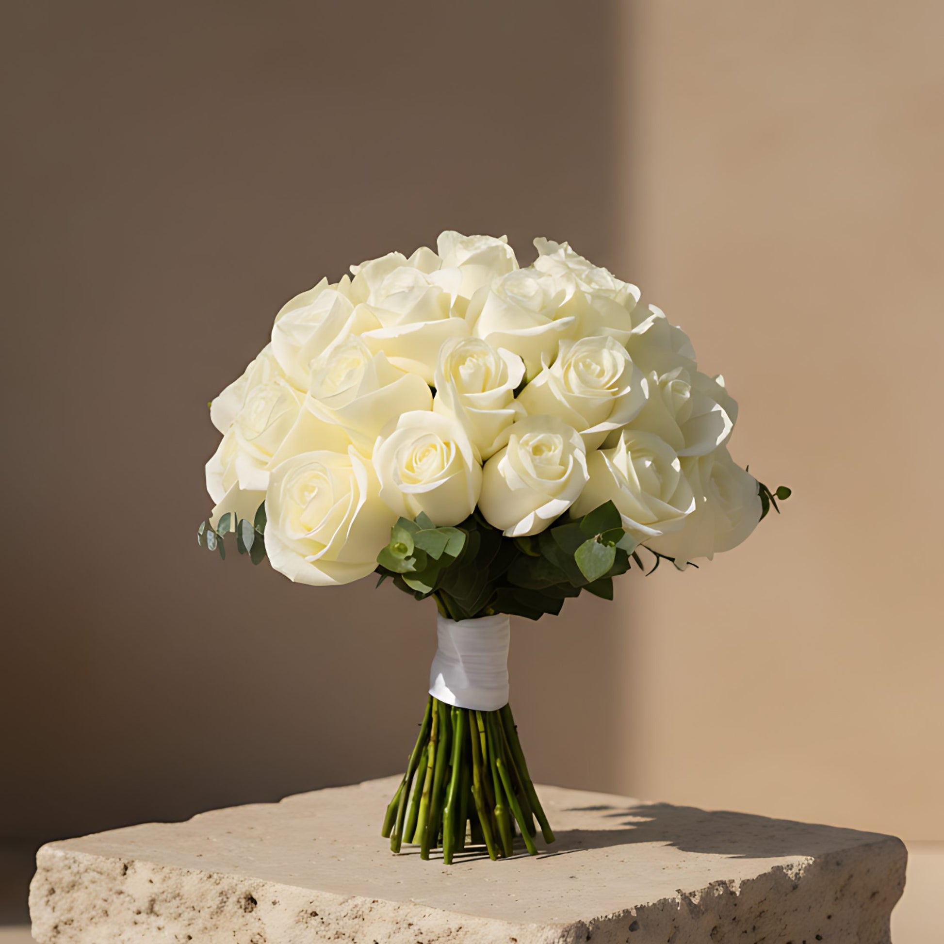 Poetry bridal bouquet with white roses and eucalyptus by Aiwa Flowers