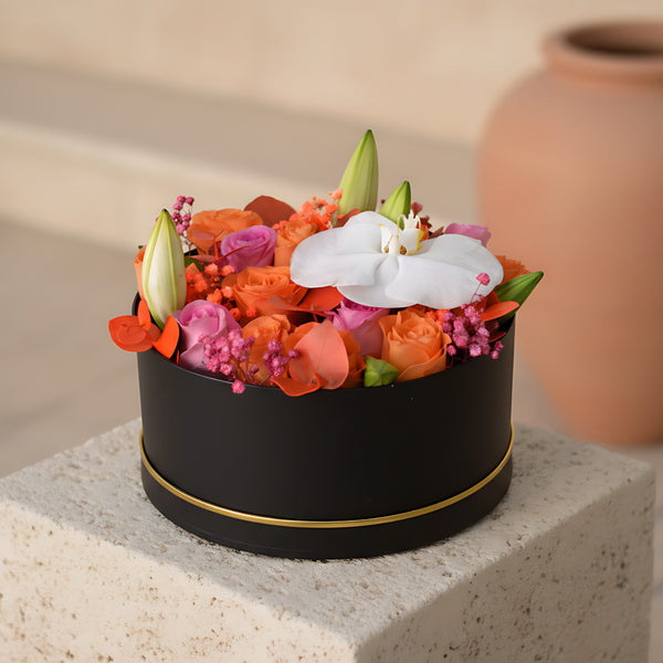 Popsicle black flower box with orange and pink roses, lilies, orchid and gypsophila