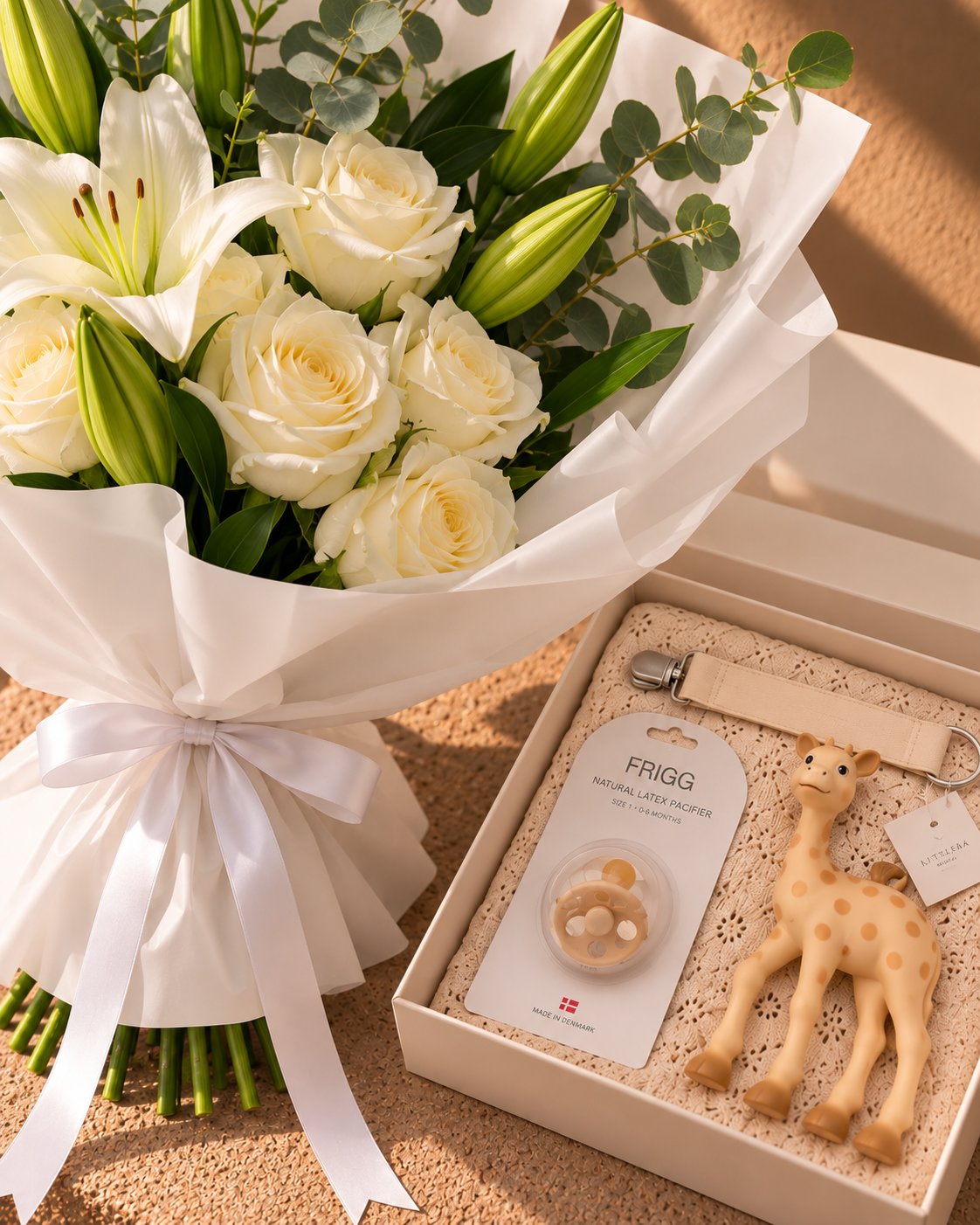 Powder Bloom white roses and lilies bouquet with a newborn gift box by AIWA Flowers Dubai