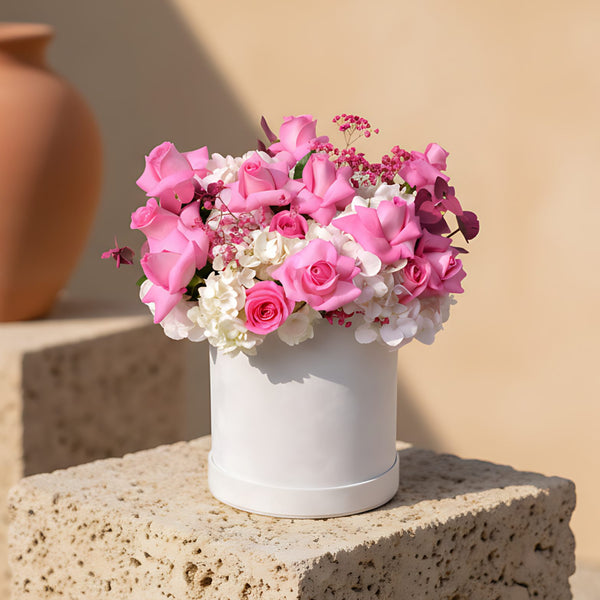 Primrose white velvet flower box with pink roses, white and pink hydrangeas and pink gypsophila