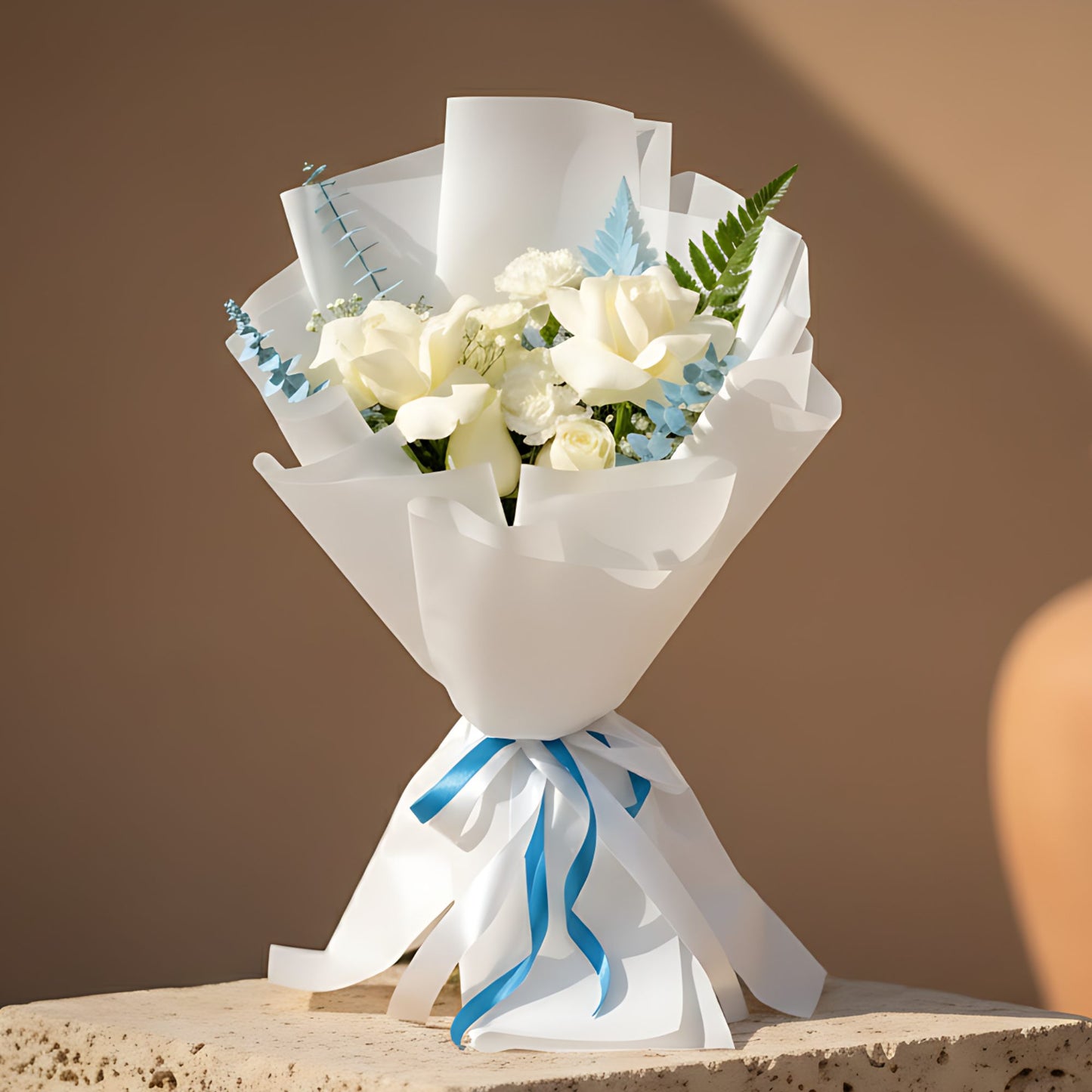 Prince hand-tied bouquet with white roses, white carnations, gypsophila, blue eucalyptus and fern in white wrapping by Aiwa Flowers