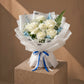 Prince white rose and carnation bouquet with blue ribbon in white wrap by AIWA Flowers