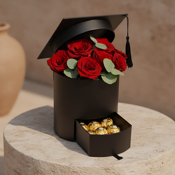 Proud of You graduation hat box with red roses, eucalyptus and Ferrero Rocher chocolate