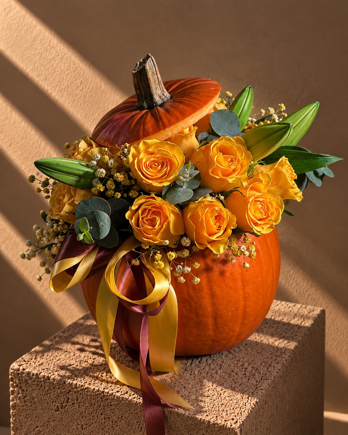 Pumpkin Stealer Halloween arrangement of orange roses in a fresh pumpkin with its lid tipped open