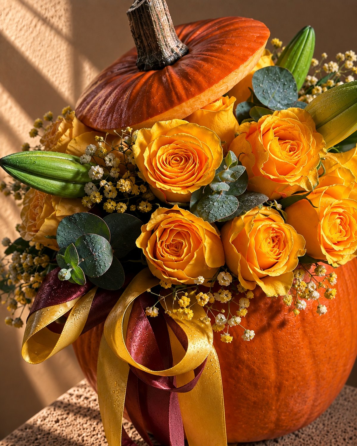 Close-up of orange roses, lily stems and yellow gypsophila in Pumpkin Stealer