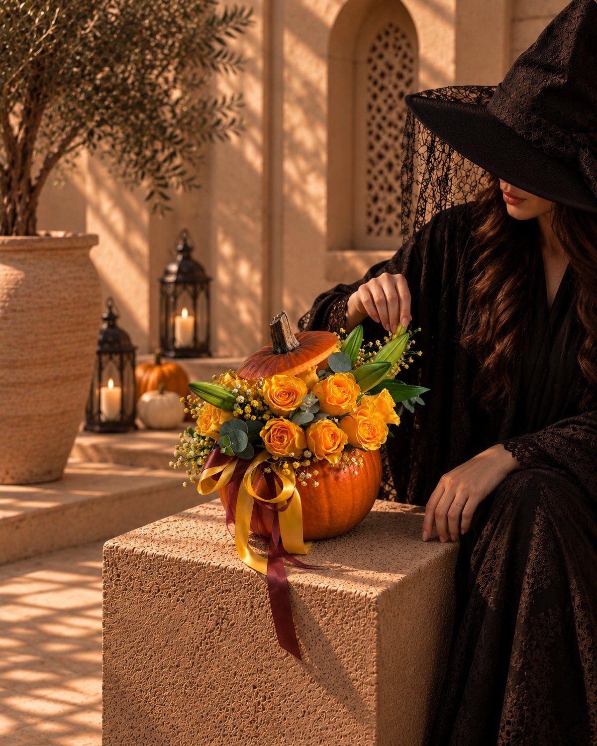 Pumpkin Stealer orange rose pumpkin styled beside a woman in a witch hat in a courtyard