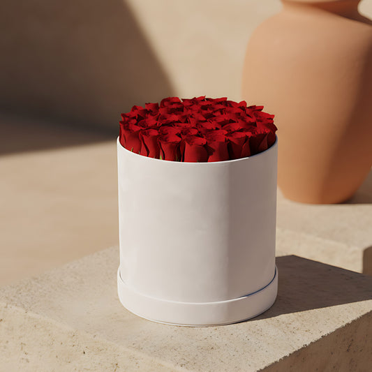 Red Glow white velvet flower box with 25 to 30 fresh red roses