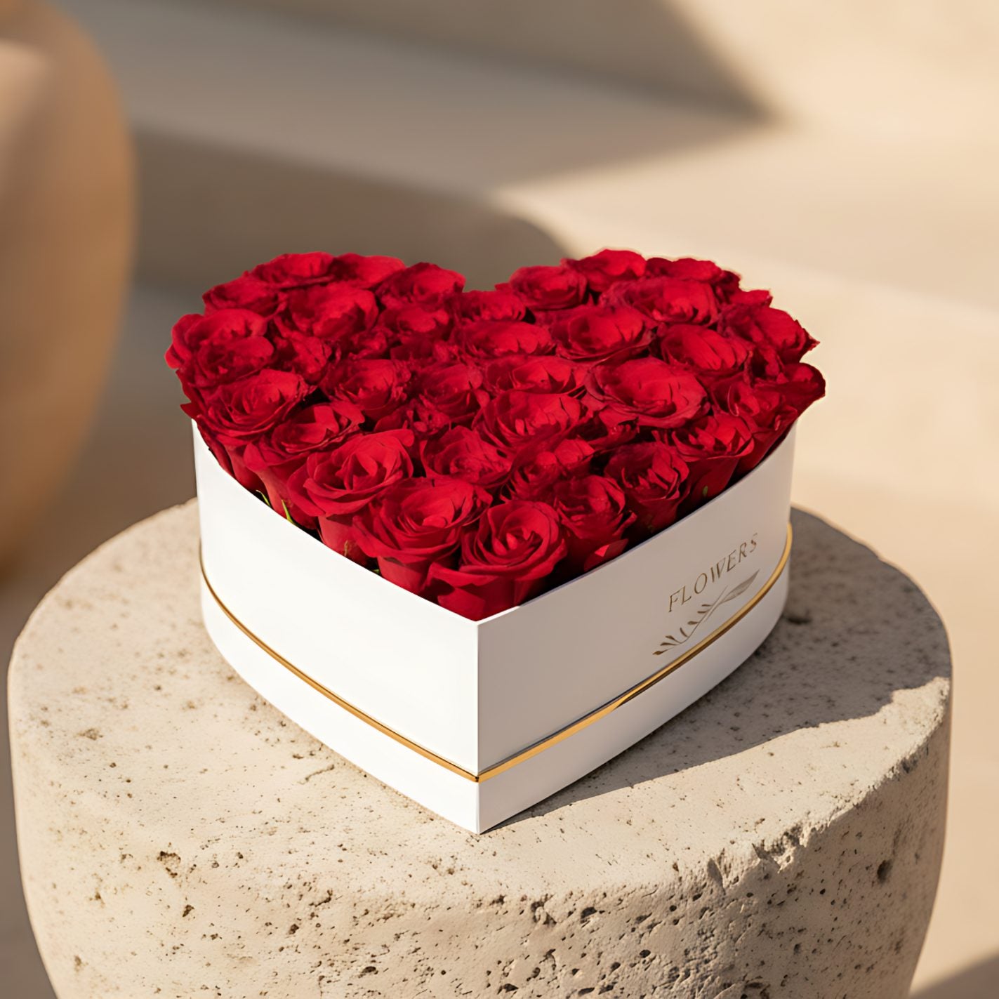 Red Heart white heart-shaped box with 45 to 55 fresh red roses