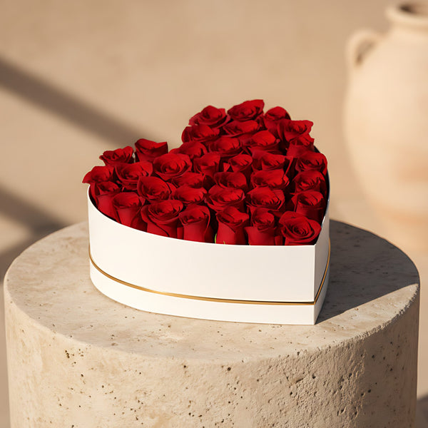 Red Heart Medium white heart-shaped box with 35 to 45 fresh red roses