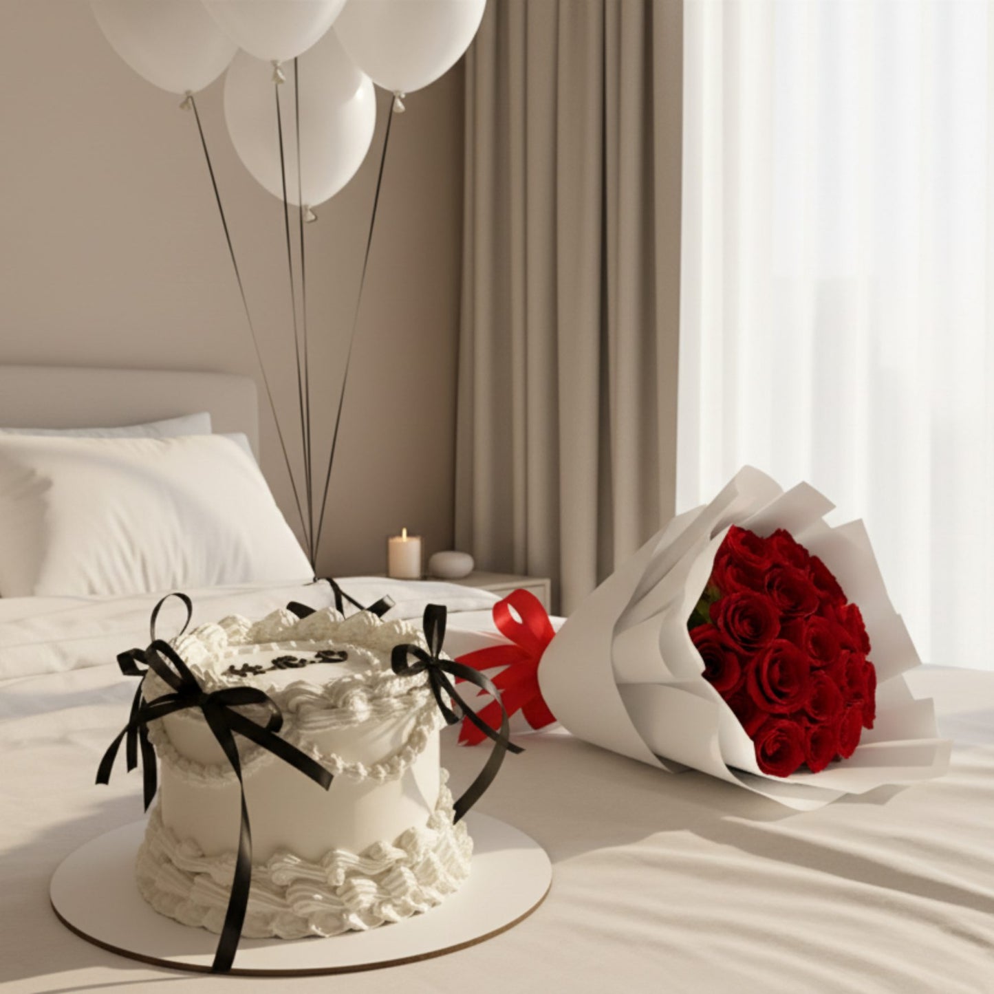red rose bouquet with vanilla cake and white balloons arranged on bed for romantic celebration