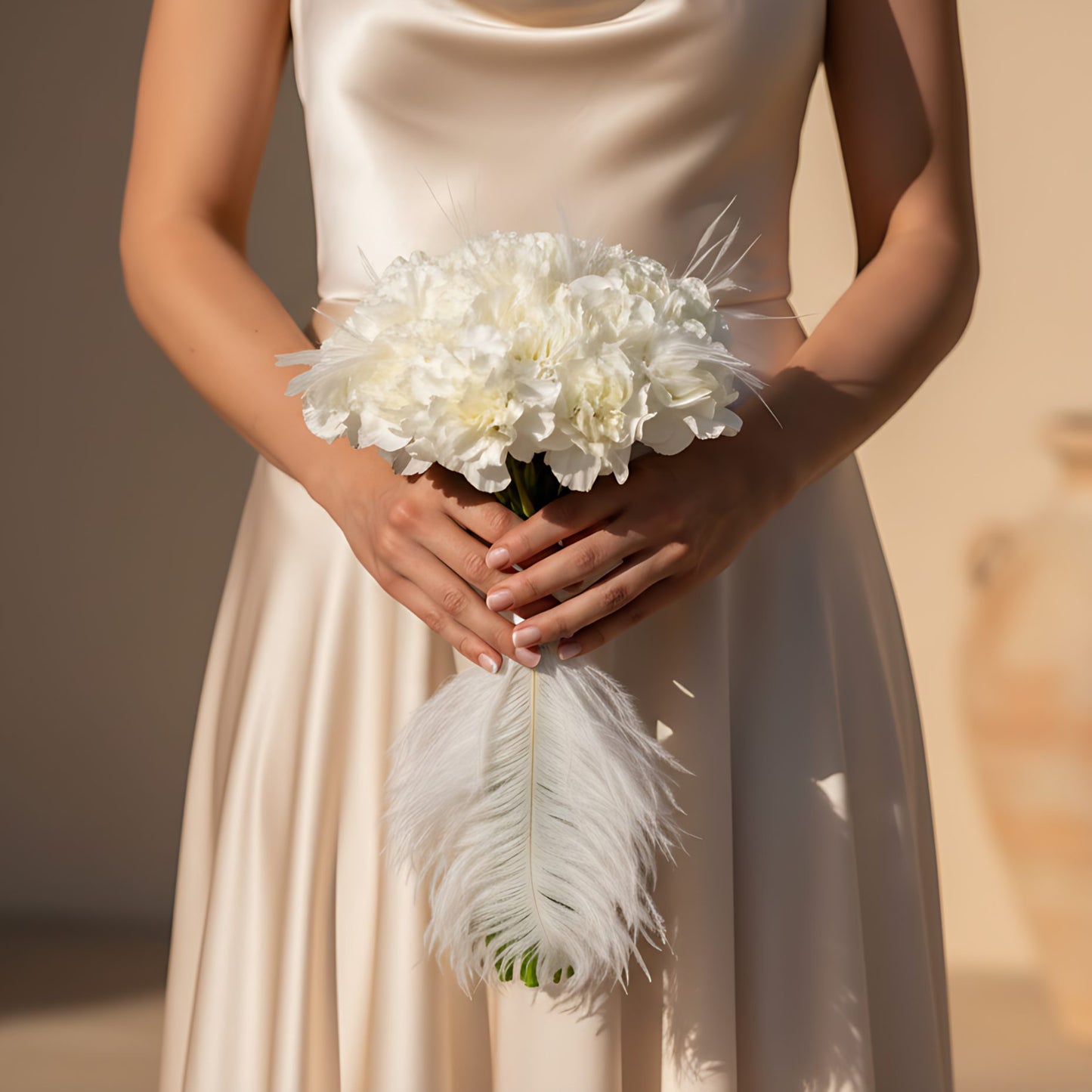 Reverie bridal bouquet with white carnations and feather accents by Aiwa Flowers