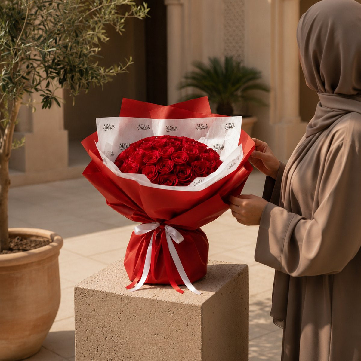 Woman with a red rose bouquet in red wrap and a red ribbon - Romance by AIWA Flowers